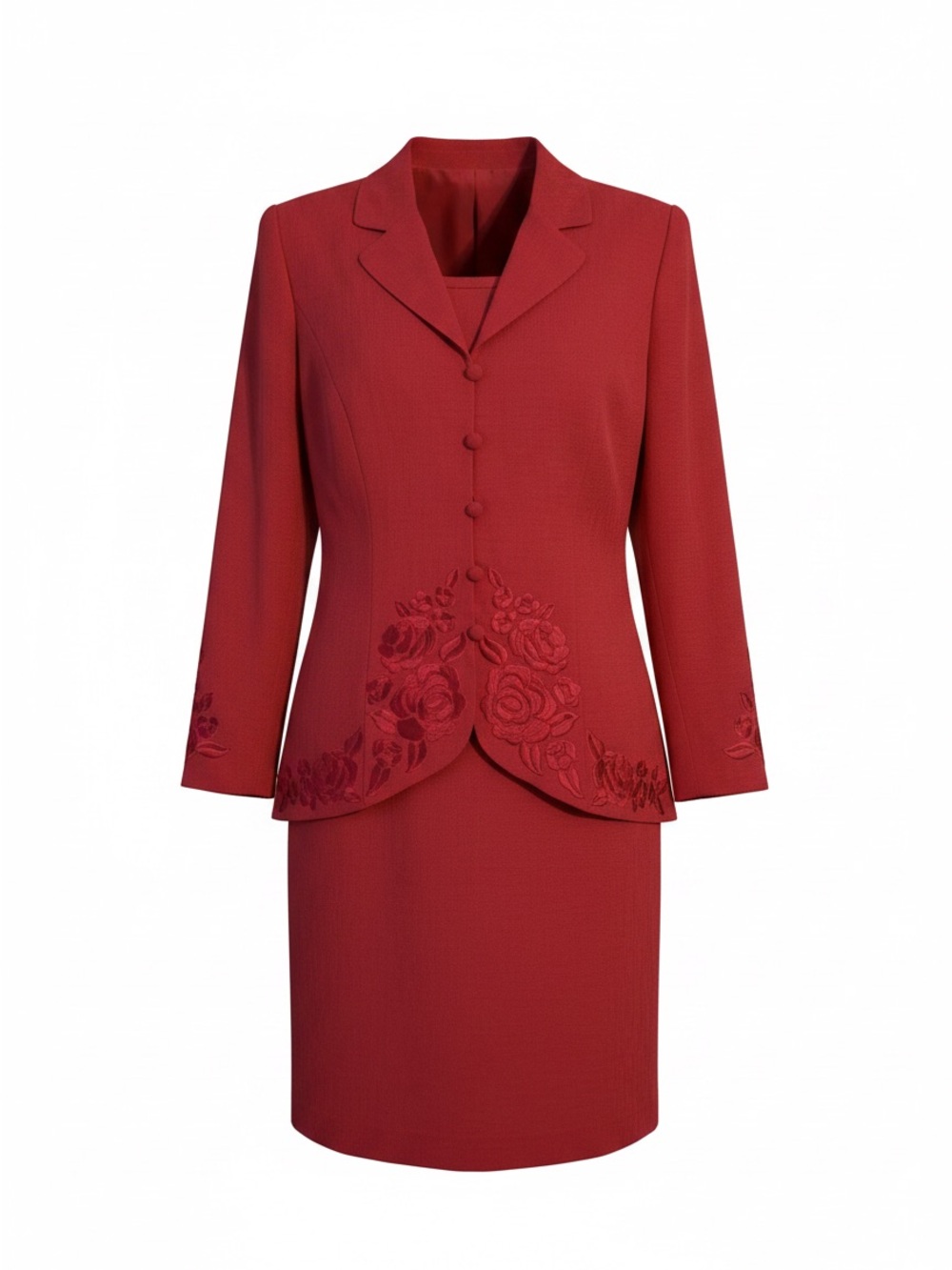 Elegant Women's Red Embroidered Jacket and Skirt Set